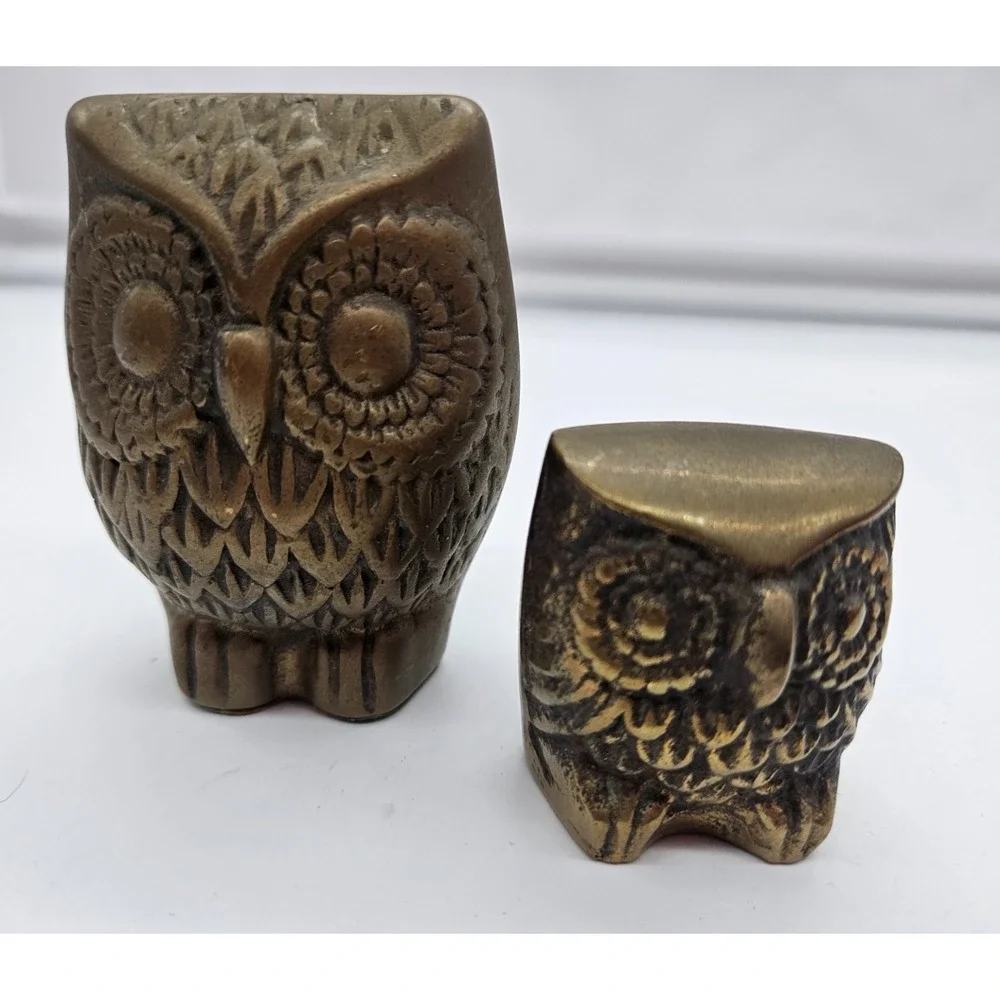 Vintage Solid Brass Owl Figurines Set of 2 Mid Century Modern Bird OWL decor